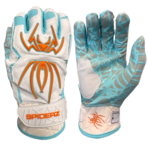 Spiderz HYBRID Batting Gloves - White/Turquoise/Orange product image 1, provided for visual reference and product detail