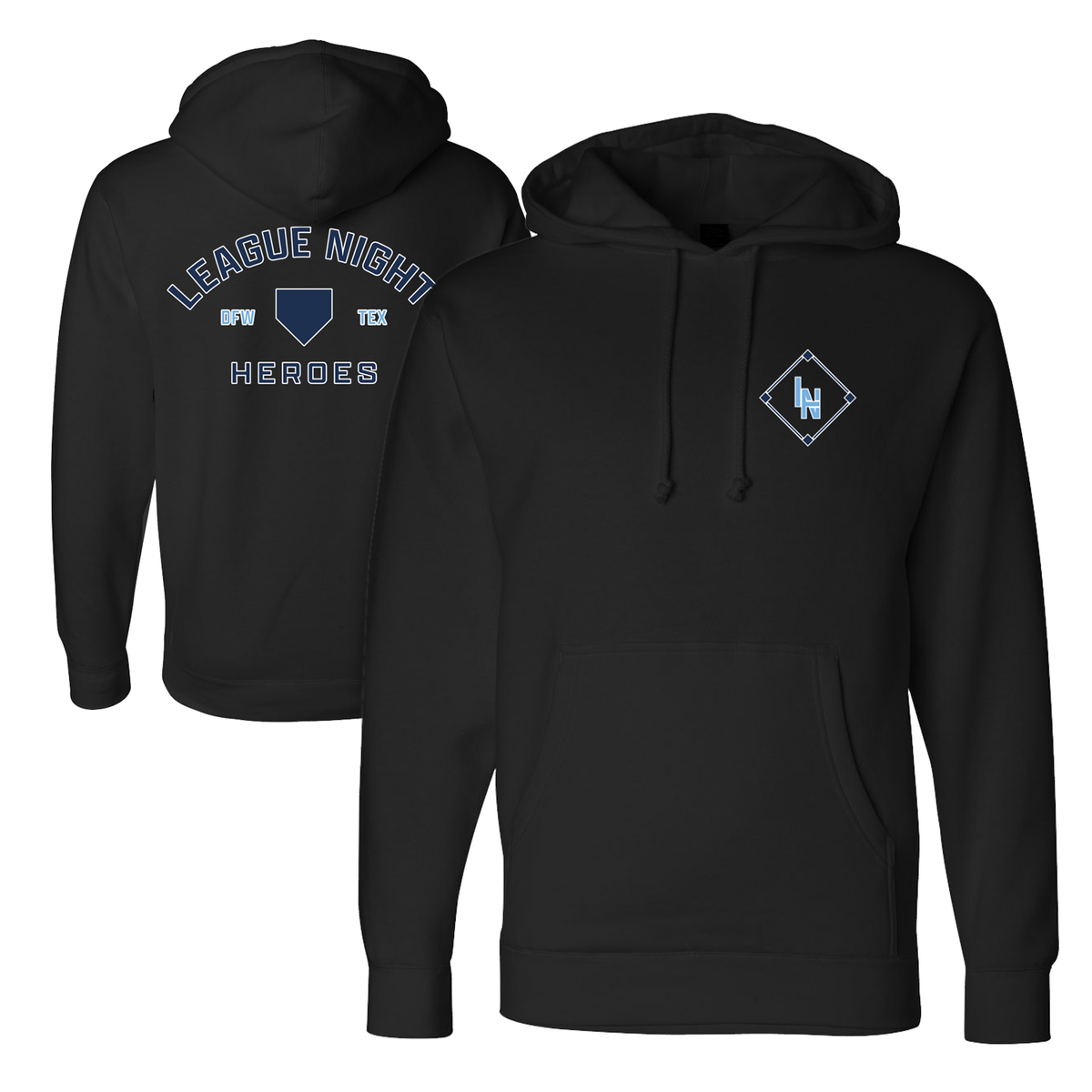 League Night Heroes Hoodie - Black product image 1, provided for visual reference and product detail review