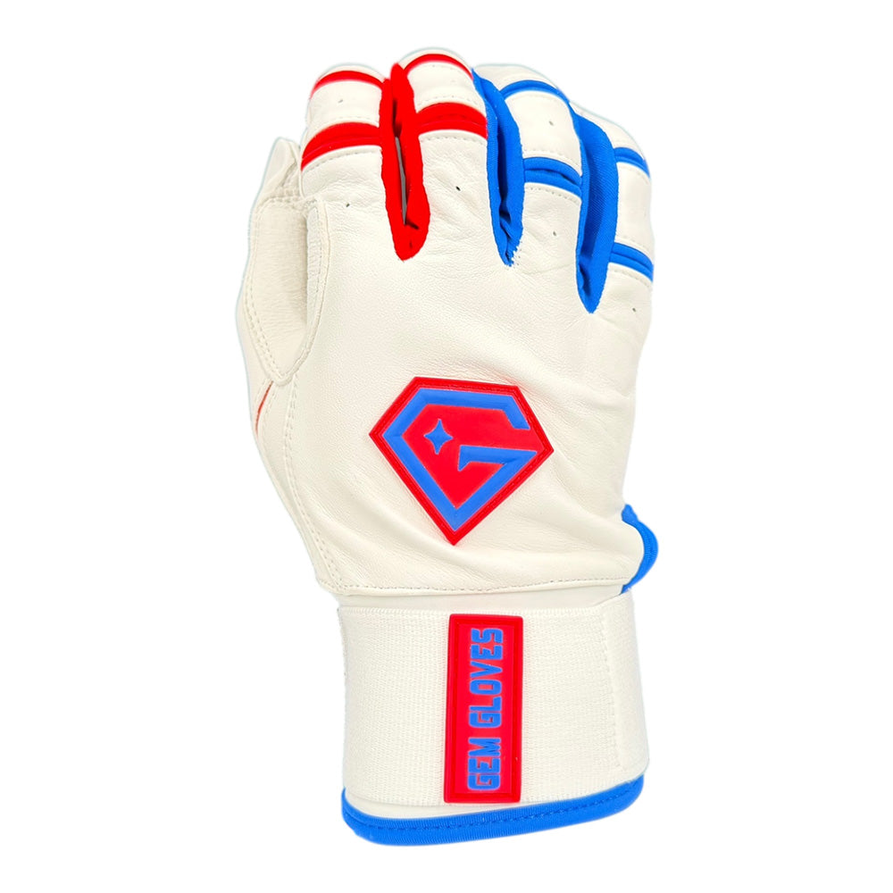 Gem Glove Prospector Long Cuff Batting Glove - White/Red/Royal product image 1, provided for visual reference and product