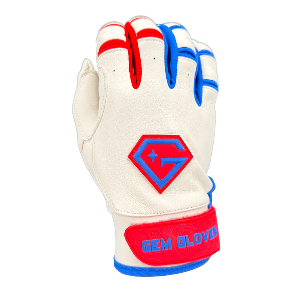 Gem Glove Prospector Short Cuff Batting Glove - White/Red/Royal product image 1, provided for visual reference and product